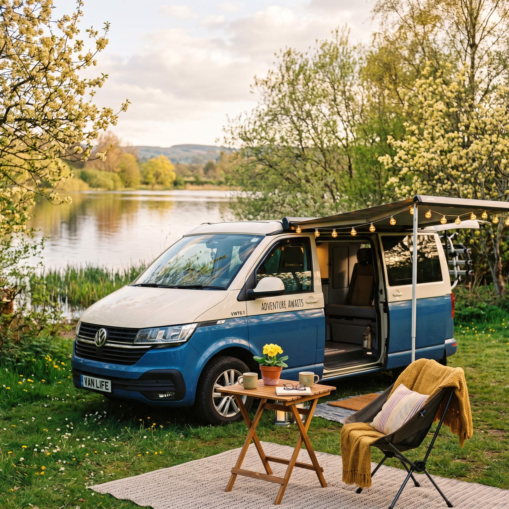 Gezellige camper op een plus-camping met uitzicht op het water