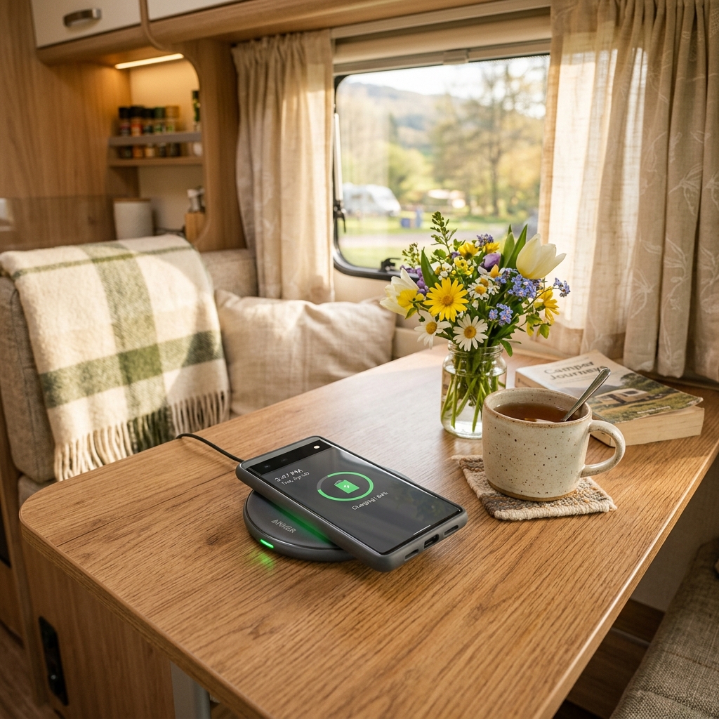 Draadloze oplader in gebruik in een camper