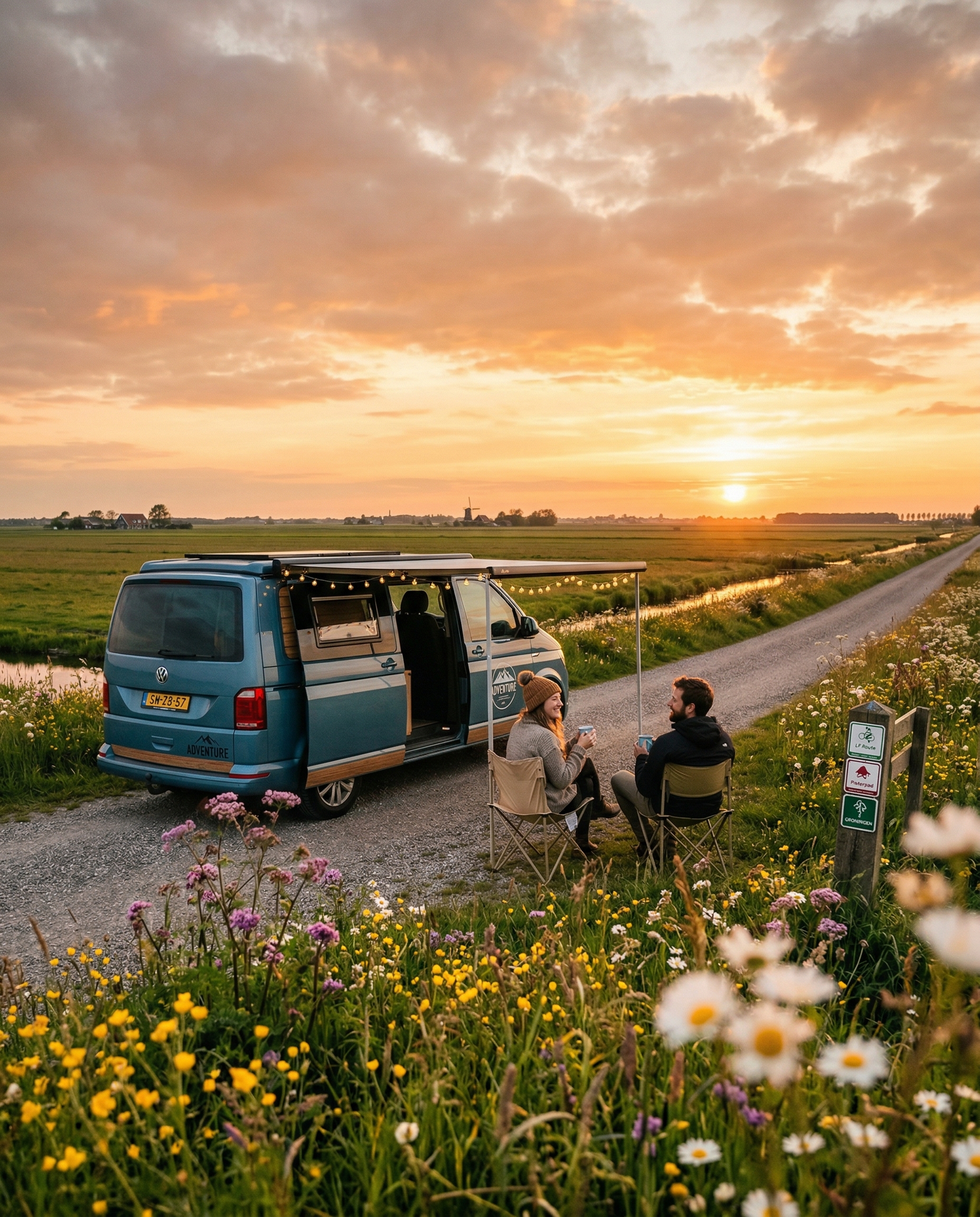 Campers in het Groningse landschap bij zonsondergang