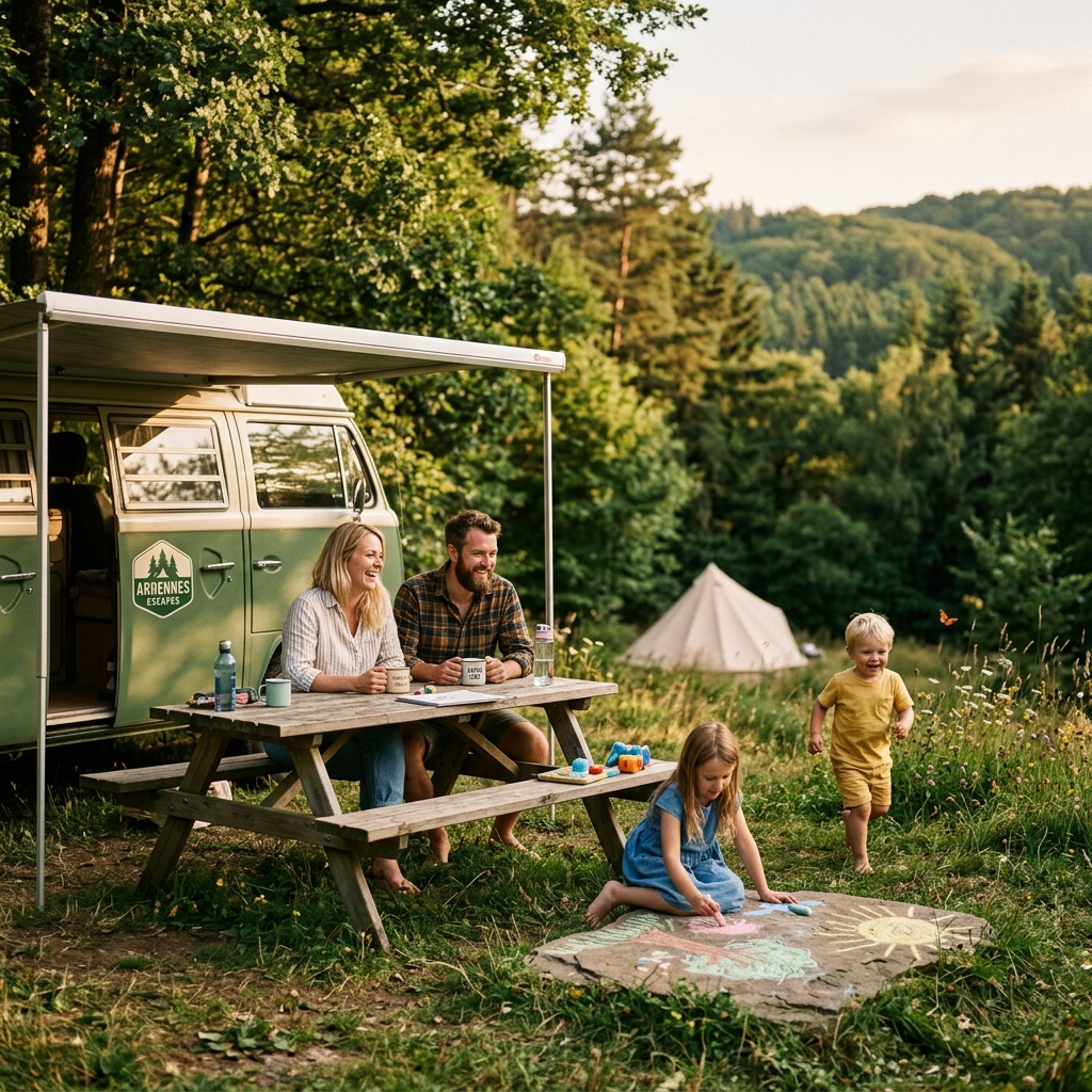 gezin met jonge kinderen op rustige camping in de Ardennen, omringd door bos en heuvels