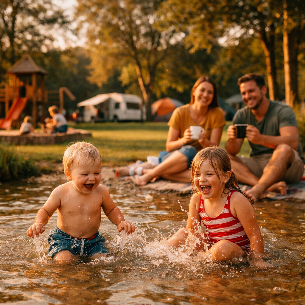 Gezinscamping met speelveld en ondiep water in Nederland