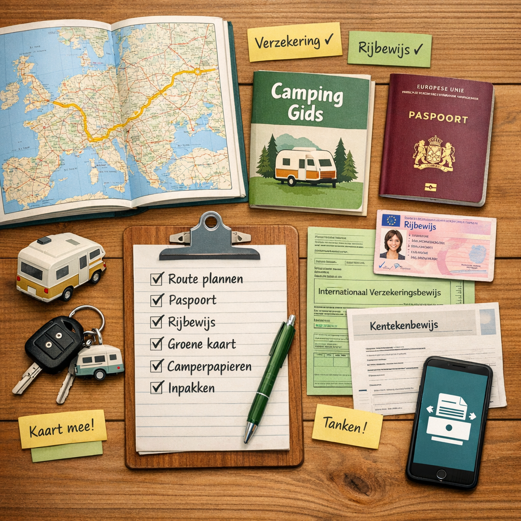 Camper reisdocumenten en papieren op een tafel