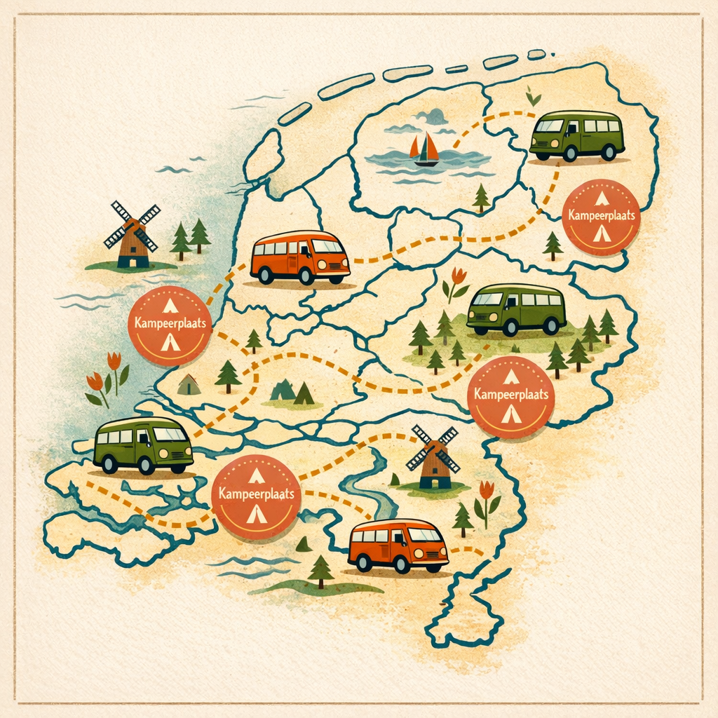 Kaart van Nederland met gemarkeerde camperroutes en kampeerplaatsen