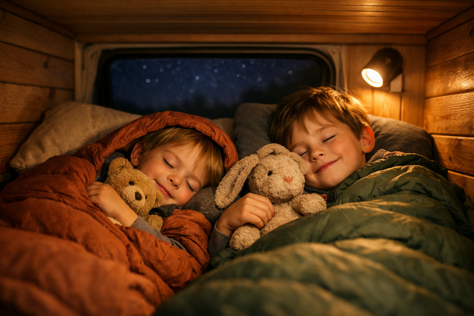 Een gezellig opgemaakt camperbedmatras met kleurrijke kinderkussens en een gestapelde slaapzak op de voorgrond, warm avondlicht in de camper
