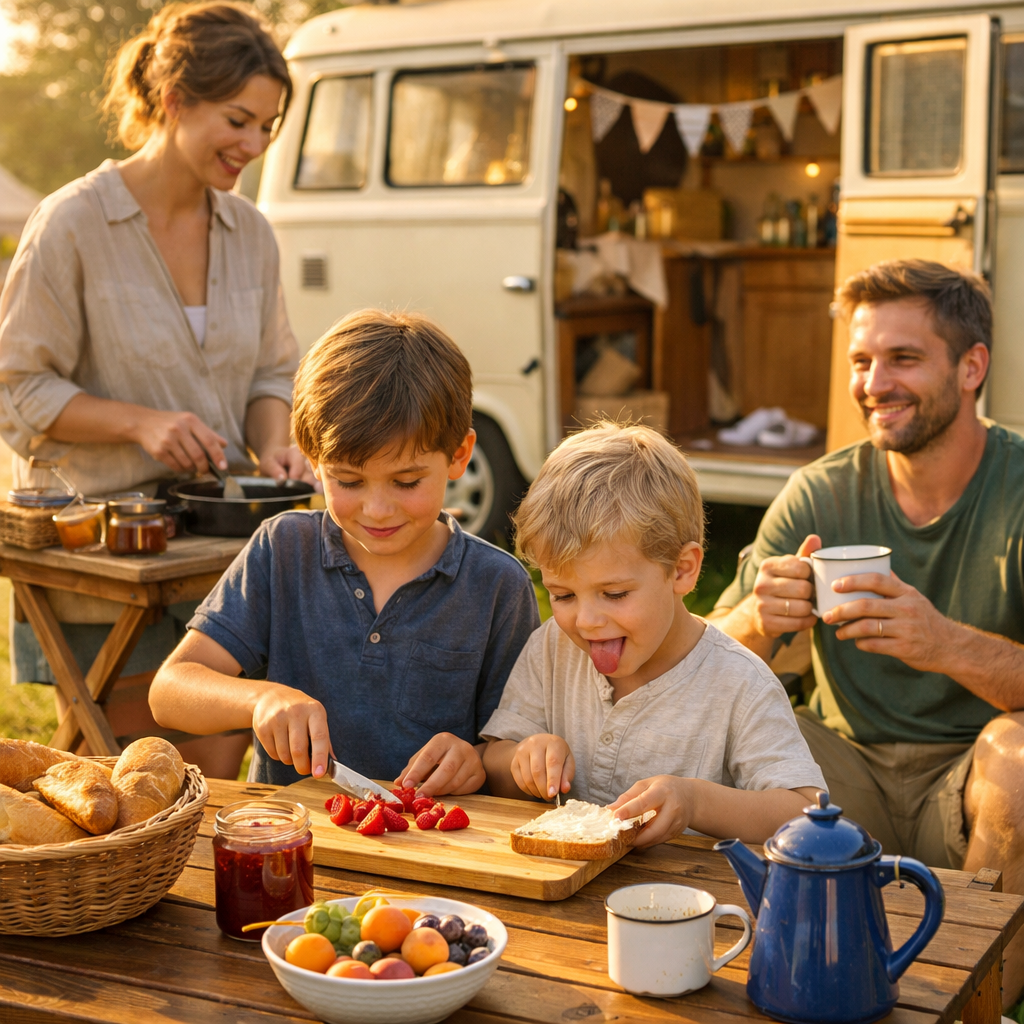 Foto van een gezellige camperkeuken van binnenuit, met verse ingrediënten op het aanrecht en twee kinderen die helpen met het maken van een eenvoudige maaltijd.