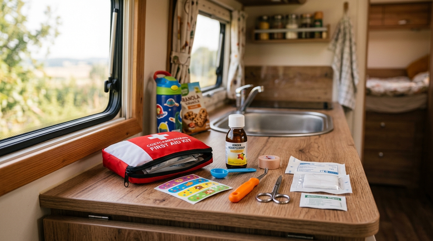 EHBO-doos open op de campingtafel, met kindervriendelijke pleisters en een thermometer zichtbaar, in een warme buitenomgeving